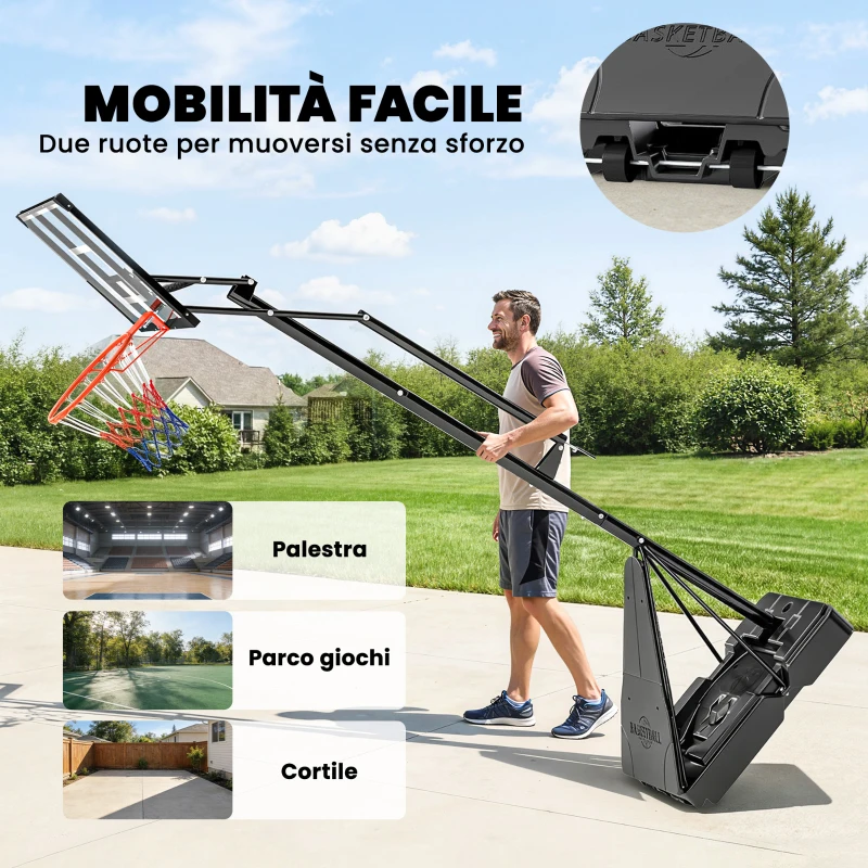 SPORTNOW Canestro da Basket Portatile per Esterni, Regolabile 2,45-3,05 m, Tabellone Infrangibile, Regolazione a Manovella
