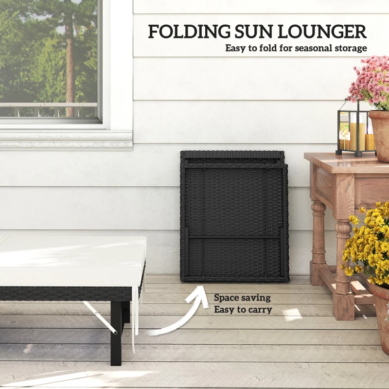 Outsunny Single Folding Rattan Sun Lounger, with Cushion - Black