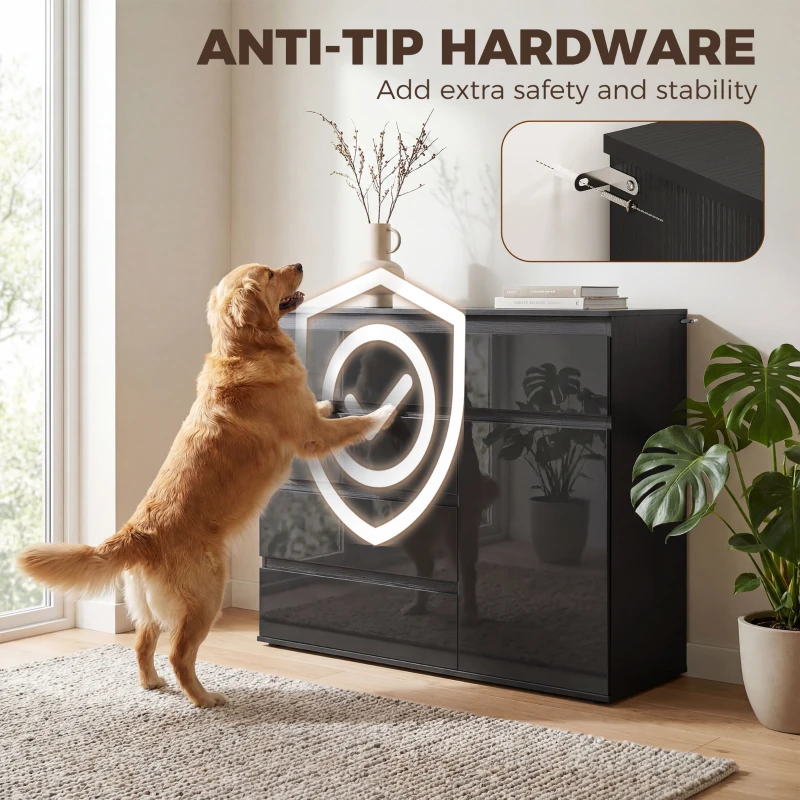 HOMCOM Aparador moderno, Aparador com 5 gavetas, prateleira ajustável, porta com fechamento suave, Preto alto brilho