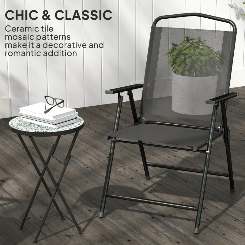 Outsunny Mosaic Outdoor Garden Table, 35.5cm Round Folding Coffee Table with Metal Frame for Balcony Terrace, Green