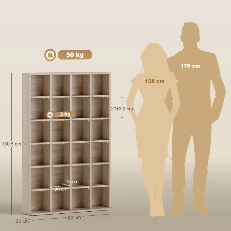 HOMCOM Dulap pentru CD-uri cu rafturi reglabile, capacitate 456 CD-uri sau 336 DVD-uri, 24 de compartimente, 89x20x130,5 cm, lemn