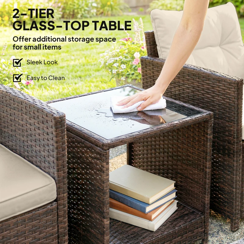 Outsunny Rattan Bistro Set, 3 Piece Garden Furniture Set with 2 Tier Glass Top Table and Cushions, Mixed Brown