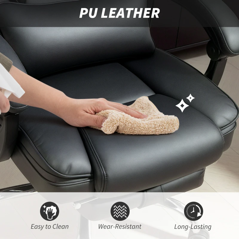 HOMCOM Fotel Biurowy Ergonomiczny z Funkcją Masażu, Podnóżkiem, Czarny Skórzany