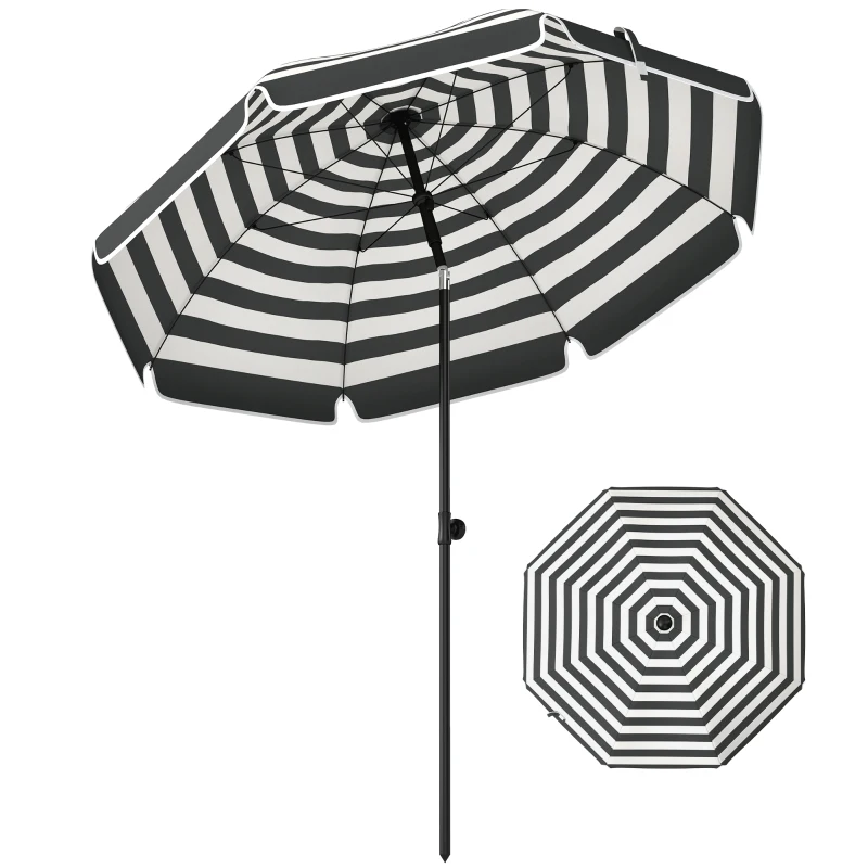 Outsunny 1.8 m Beach Umbrella Parasol with Sand Anchor, Portable 30° Tilting Patio Sun Shade with Adjustable Height, Grey/White