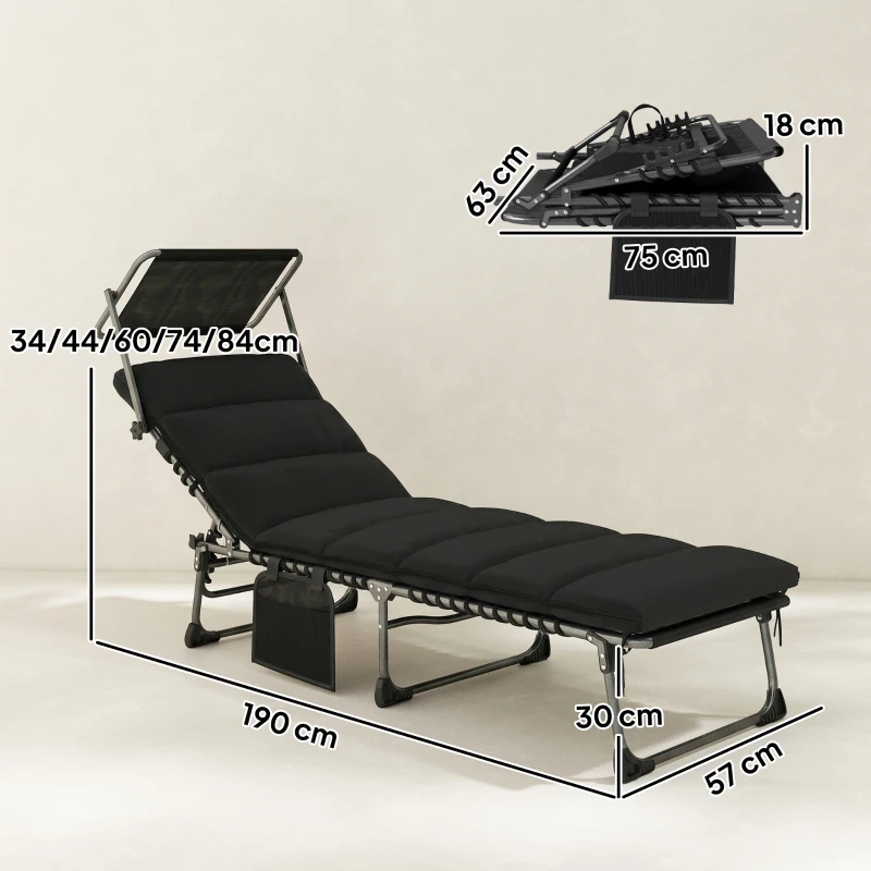 Outsunny Folding Sun Lounger with Canopy, Reclining Sunbed with Cushion, Side Pocket, Carrying Handle, Black