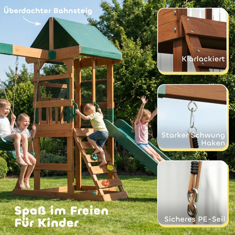 AIYAPLAY Spielturm Klettergerüst Holz Schaukelgestell mit Rutsche 2 Schaukeln Kletterwand für 3-8 Jahre 315x284x233 cm Grün