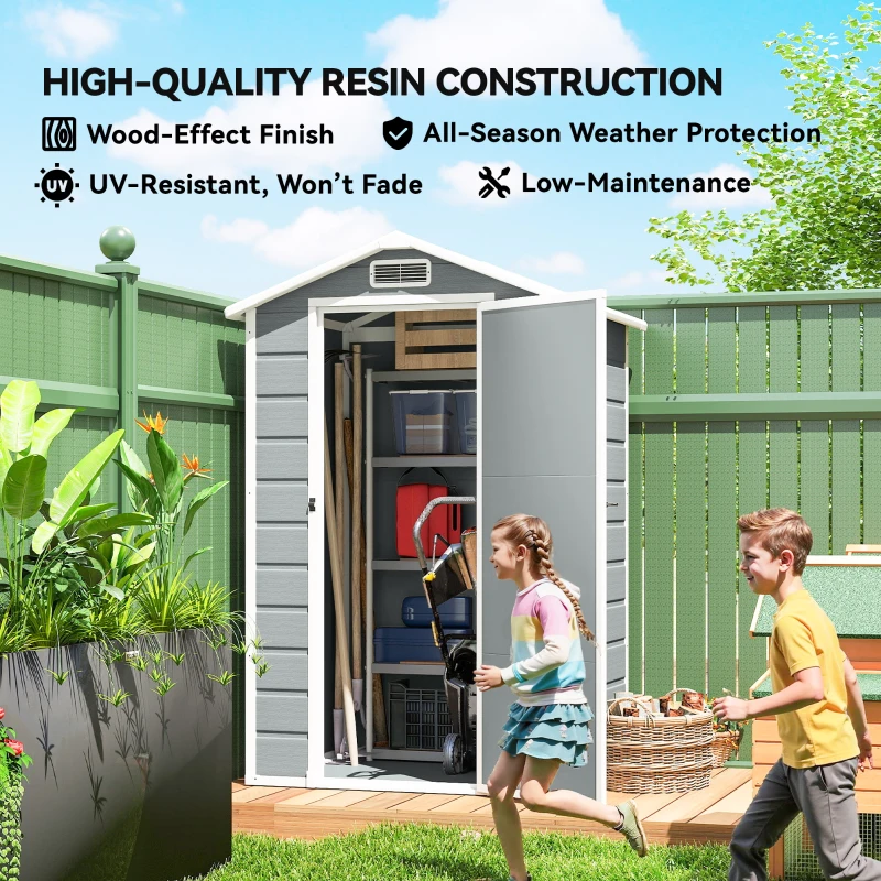 Outsunny 4 x 3 ft Plastic Garden Shed with Floor, Outdoor Storage Shed with Lockable Door, Window and Vent, Light Grey