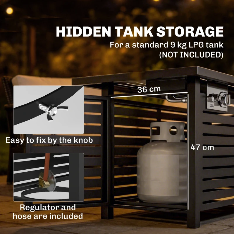 Outsunny Propane Gas Fire Pit Table, Outdoor Firepit with 43" Steel Tabletop and Lid, 50,000 BTU Pulse Ignition Fire Table w/ Stainless Steel Burner, Glass Wind Guard, and Cover