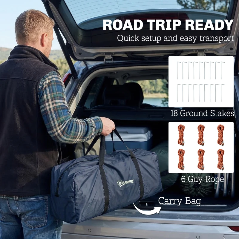 Outsunny Tente tunnel 2-4 personnes, chambre, séjour, imperméable, Bleu marine