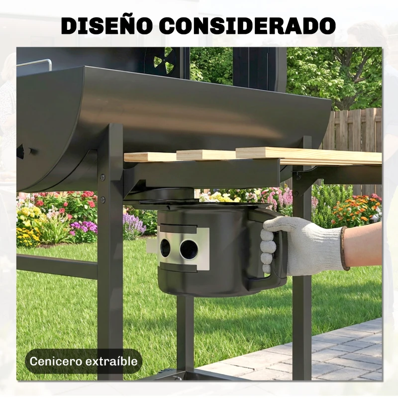 Outsunny Barbacoa de Carbón Portátil Barbacoa Carbón Barril con Asador Eléctrico Estantes Plegables Ruedas Termómetro