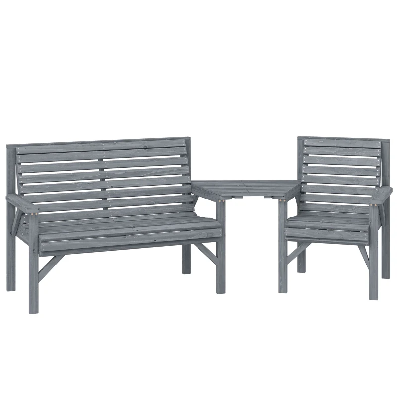 Outsunny Wooden Garden Furniture Set with Parasol Hole, 1 Chair, 1 Bench and Detachable Table, Grey Embossed Finish