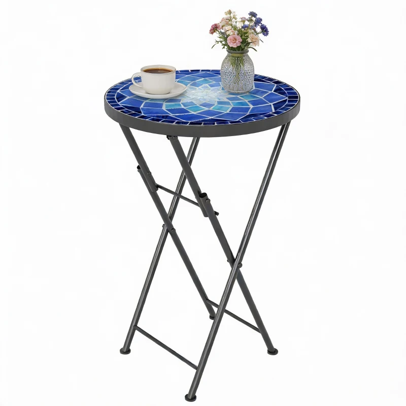 Outsunny Mosaic Outdoor Garden Table, 35.5cm Round Folding Coffee Table with Metal Frame for Balcony Terrace, Navy Blue