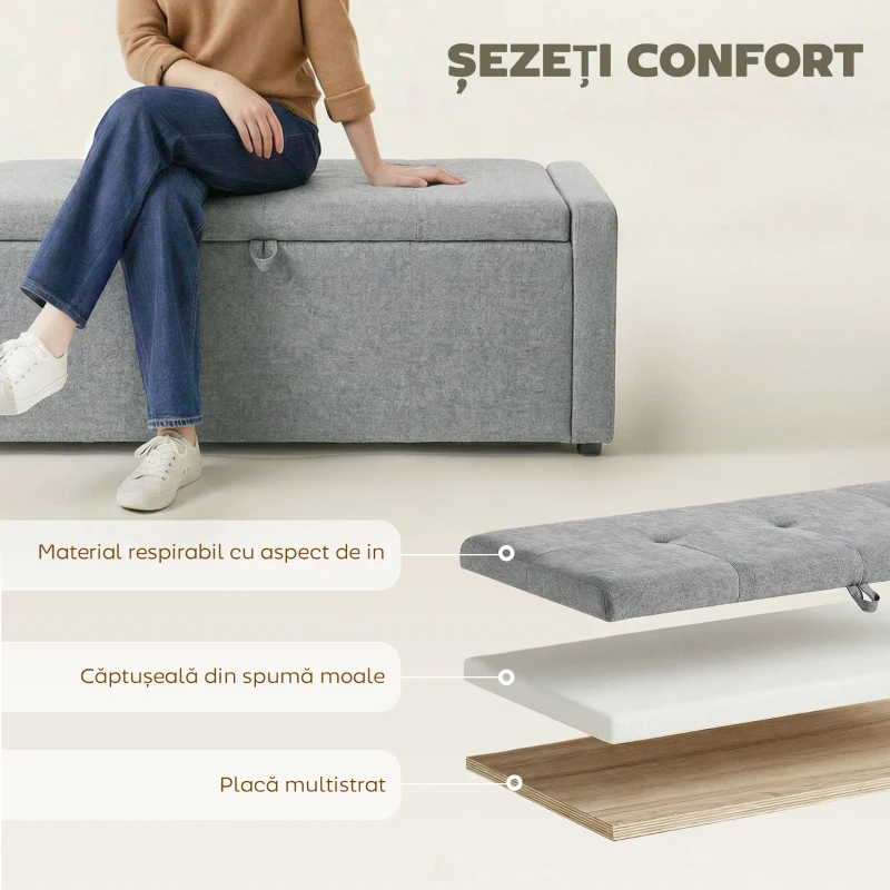 HOMCOM, Bancă cu Spațiu de Depozitare, Pentru Dormitor, Material textil cu efect de in, 122 x 48 x 44 cm, Gri Deschis