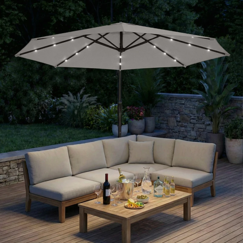 Outsunny 3 m Cantilever Parasol with Solar LED Lights Garden Umbrella with Cross Base, Light Grey