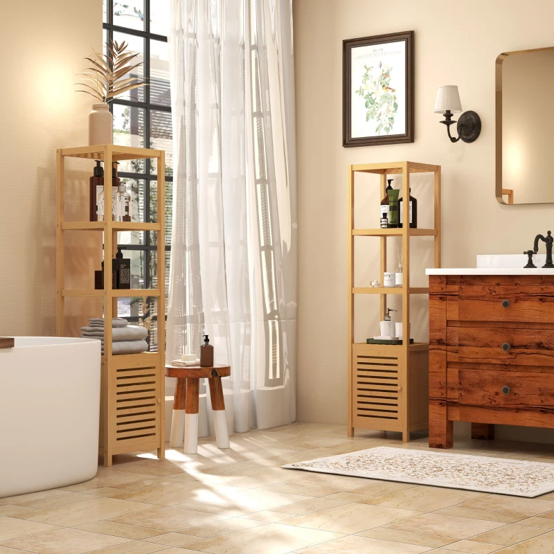 HOMCOM Lot de 2 meubles colonne rangement salle de bain bambou design naturel 36L x 33l x 140H cm 4 étagères 8 niveaux + placard