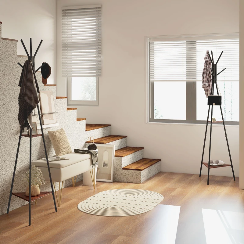 HOMCOM Lot de 2 porte-manteaux trépied meuble d'entrée style industriel branches 2 étagères + 6 patères métal noir