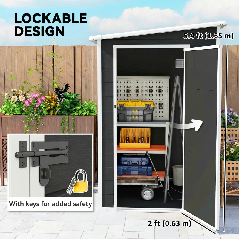 Outsunny 4'x5' Garden Storage Shed, Lean to Shed, Lockable Garden Shed with Window, Vent and Plastic Roof, Black
