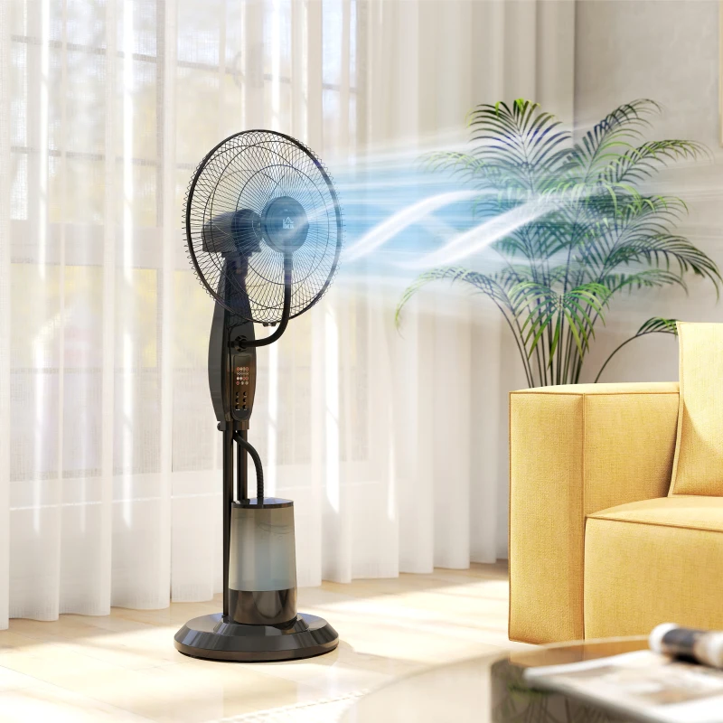 HOMCOM, Ventilator cu nebulizator, 3 Moduri și 3 Viteze, Metal, ABS, 44.5 x 38.5 x 120 cm, Negru