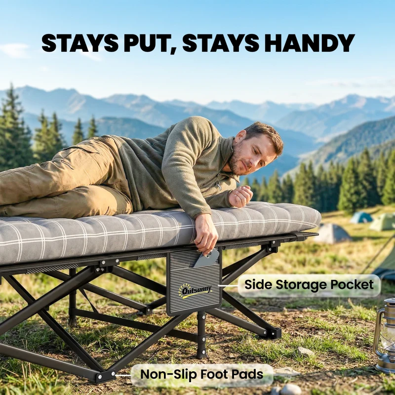 Outsunny Camping Cot with Soft Pad, 80cm Extra Wide Folding Cots with Side Pocket and Carry Bag, Grey