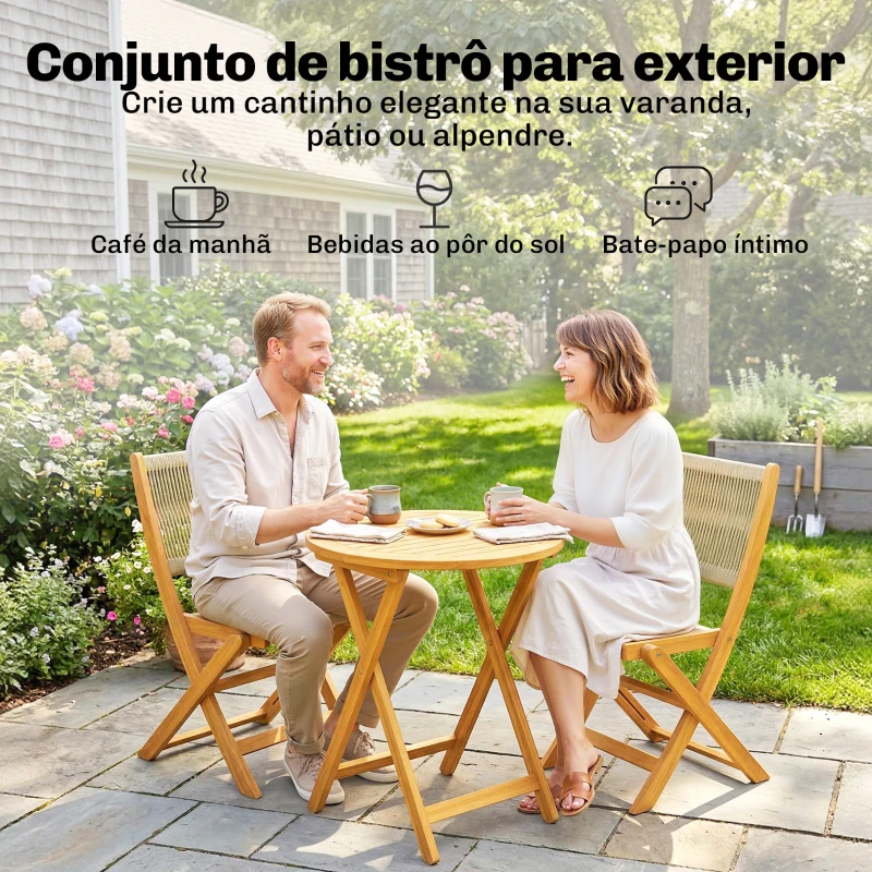 Outsunny Conjunto de Jardim de 3 Peças em Madeira com 2 Cadeiras Dobráveis e Mesa Redonda para Varanda e Terraço Natural