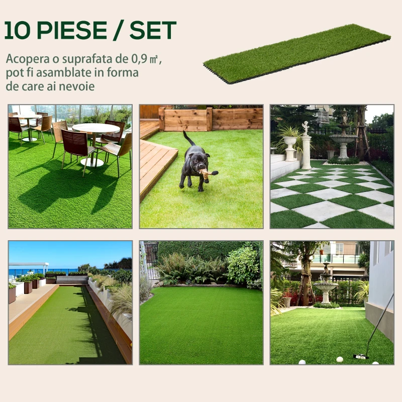 Outsunny 10-Piece Artificial Grass Set, Weatherproof Turf Tiles, 25mm Pile Height, Outdoor Carpet for Garden, Balcony & Patio, 30 x 30cm, Dark Green