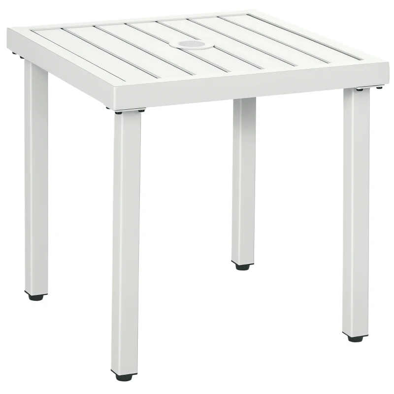 Outsunny Garden Side Table End Table Patio Coffee Table with Umbrella Hole, Steel Frame for Balcony, White