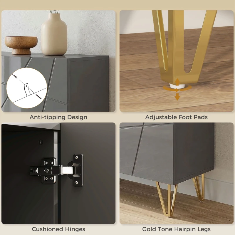 HOMCOM Modern Luxe High Gloss Sideboard, with Hairpin Legs, Grey