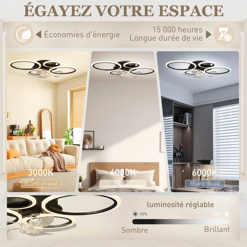 HOMCOM Ventilateur de plafond avec lumière et télécommande, plafonnier ventilateur 77 cm avec 6 vitesses, noir