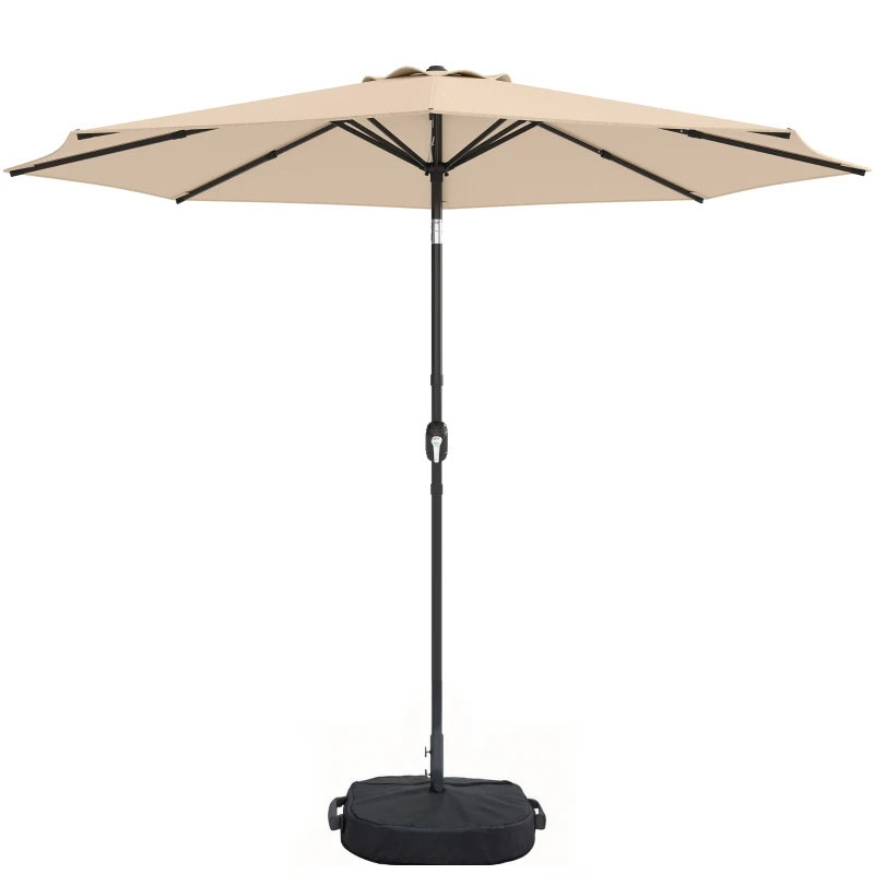 Outsunny 2.7 m Garden Parasol Umbrella with Cross Base and Sandbag, Retractable Ribs, Outdoor Table Market Umbrella, Khaki