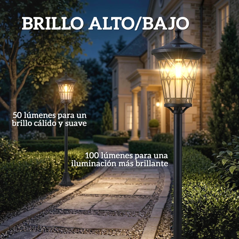 Outsunny Set de 2 Farolas Solares de Jardín con Altura Ajustable 2 Modos de Brillo IP44 Impermeable para Terraza Patio Negro