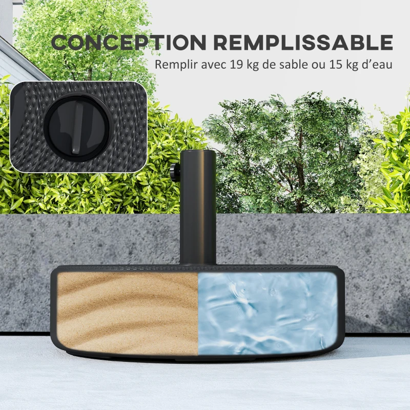 Outsunny Pied de parasol, socle parasol extérieur Remplissable jusqu'à 19 kg avec Sable ou 15 kg avec Eau, Ø 45 x 30,5 cm, noir
