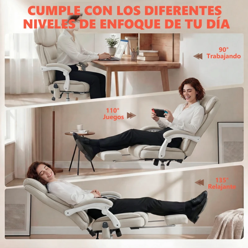 HOMCOM Silla de Escritorio Reclinable con Masaje Vibratorio de 6 Puntos Calor Lumbar Reposacabezas Ajustable Reposapiés Crema