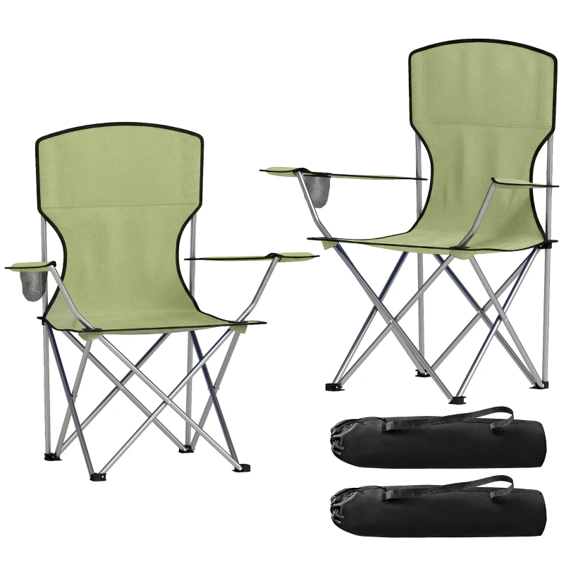 Outsunny Camping Chair Set of 2 Portable Folding Outdoor Camp Chair with Cup Holders and Carry Bag Green