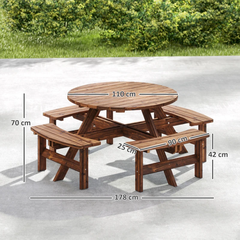 Outsunny Wooden Garden Dining Set, 8 Seater Patio Furniture Set with Round Picnic Table, Parasol Hole for Outdoor Garden, Tan