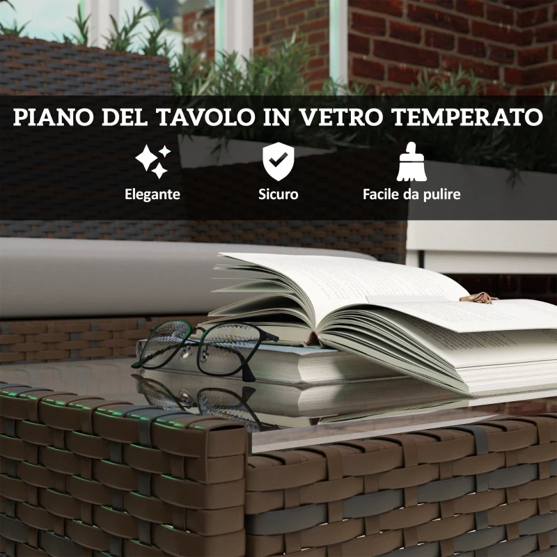 Outsunny Set da Giardino 4pz con Divano 2 Posti, 2 Sedie e Tavolino Basso, in Rattan e Acciaio, Grigio e Marrone