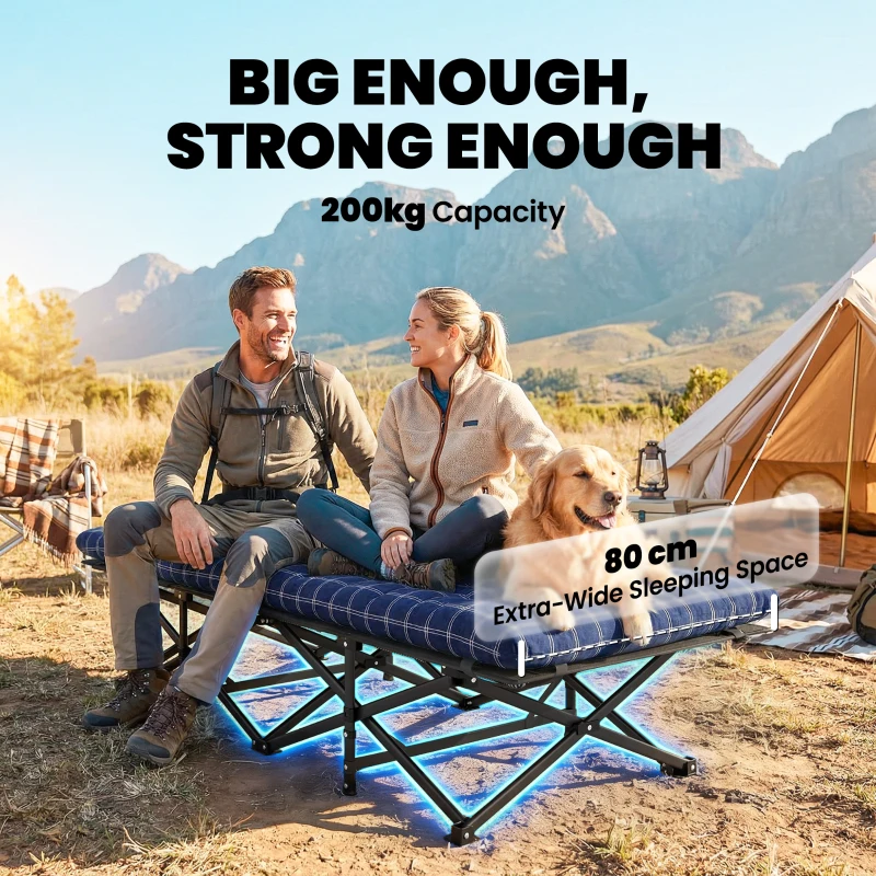 Outsunny Camping Cot with Soft Pad, 80cm Extra Wide Folding Cots with Side Pocket and Carry Bag, Blue