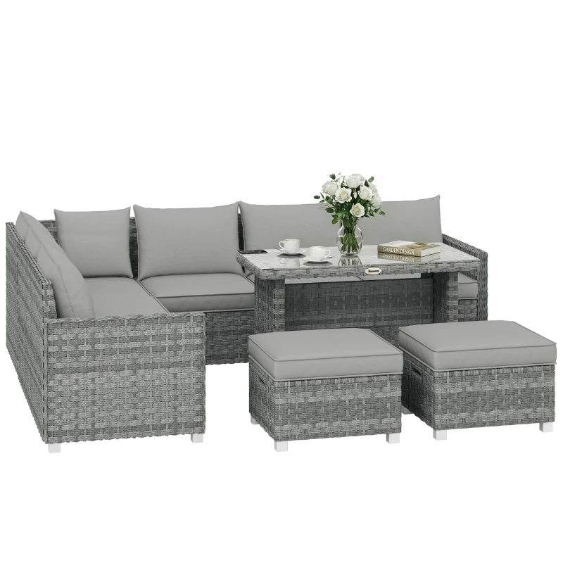 Outsunny 6 Seater Rattan Garden Furniture Set with 3 Sofas, 2 Footstools, Table, Patio Rattan Furniture Sofa Sets, Grey