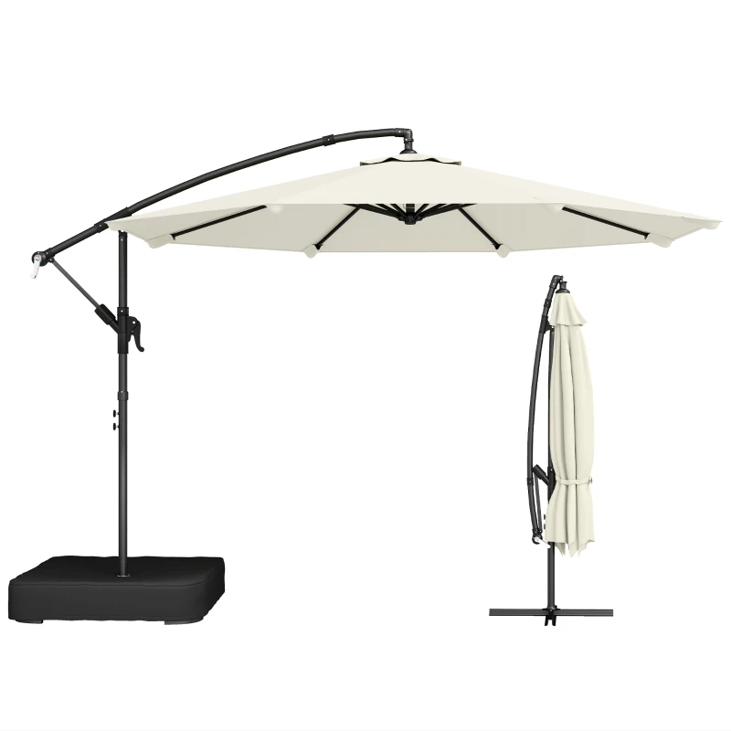 Outsunny 3 m Garden Cantilever Parasol with Cross Base, Sandbag, 360° Rotating Overhanging Banana Umbrella, Cream White