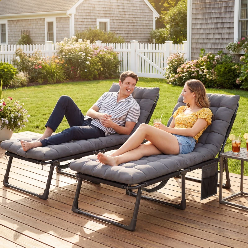 Outsunny Folding Sun Loungers for Garden Set of 2, 5-Position Oversized Camping Bed Recliner with Cushions, Dark Grey