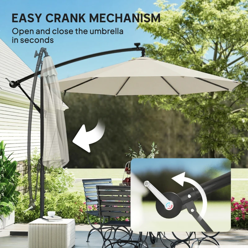 Outsunny 3 m Cantilever Parasol with Solar LED Lights Garden Umbrella with Cross Base, Cream White