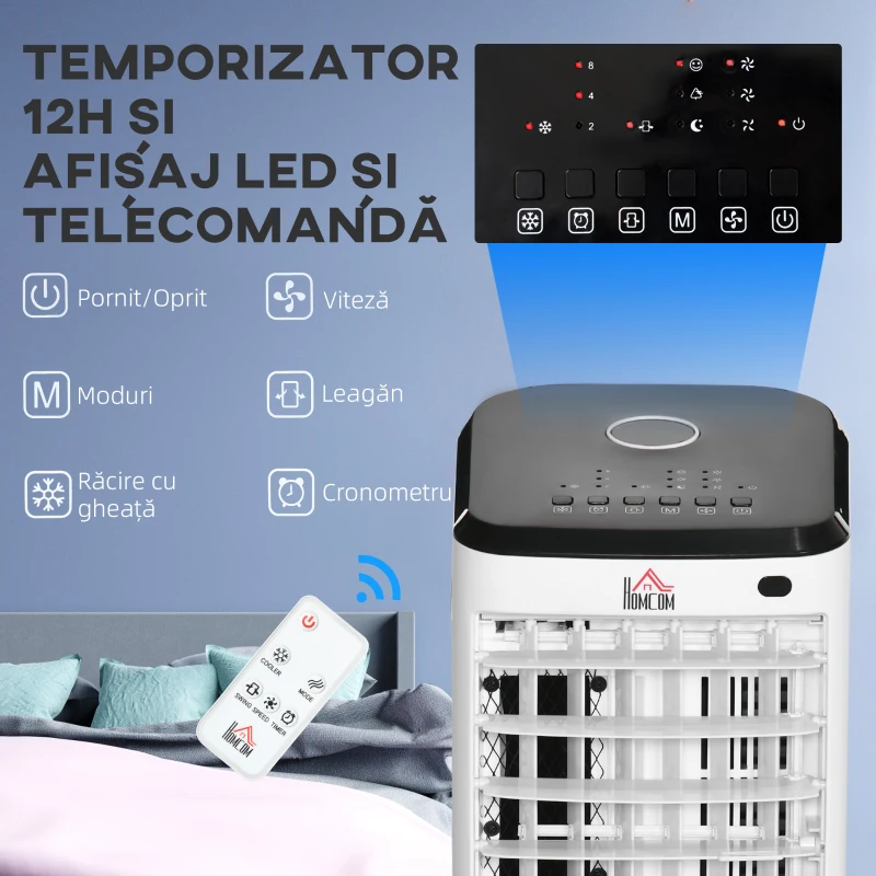 HOMCOM Răcitor Evaporativ 3-în-1, Ventilator, Umidificator cu Gheață și Dezumidificator, 3 Viteze, 3 Moduri și Telecomandă, Timer 12 Ore, 65W din ABS, 24.5x27x60 cm, Alb