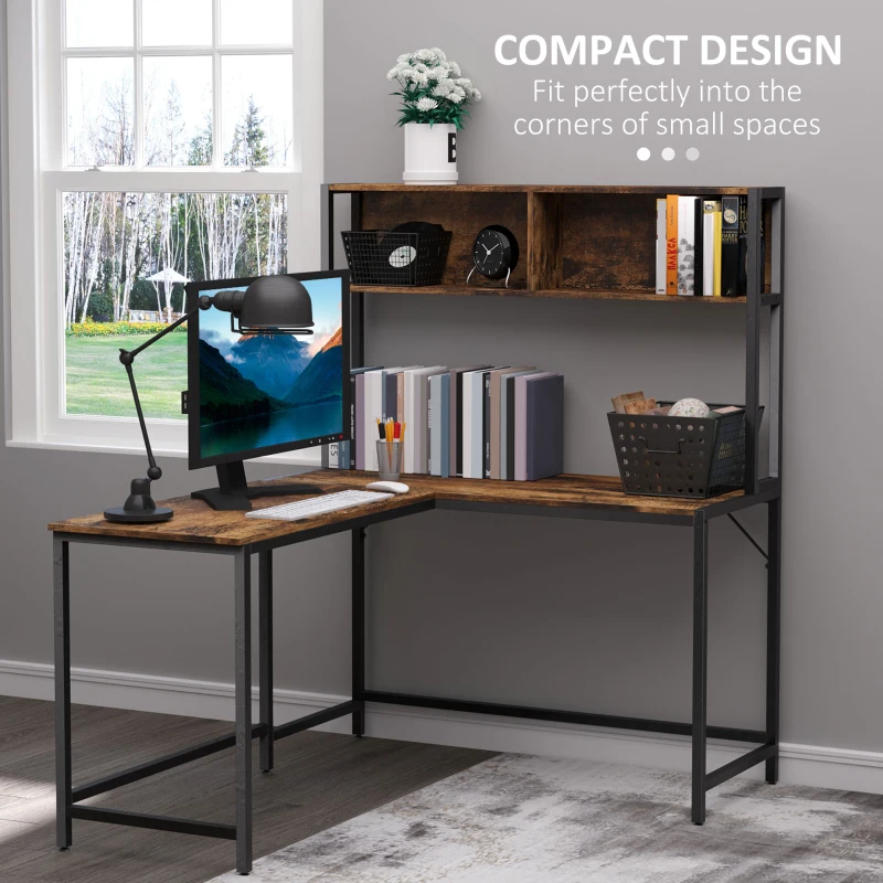 HOMCOM L Shaped Desk with Book Shelf, Industrial Corner Computer Desk, Writing Table with Steel Frame for Home Office, Bedroom, Study Room, 140 x 125cm, Brown