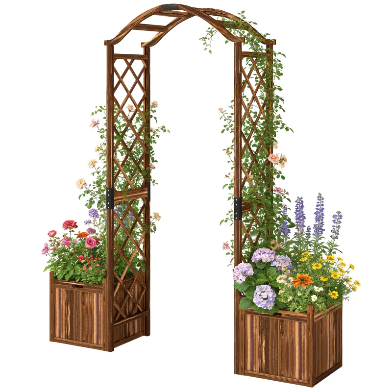 Outsunny Wooden Garden Arch with 2 Planter Boxes, Outdoor Rose Arch Trellis for Climbing Vines, Carbonised