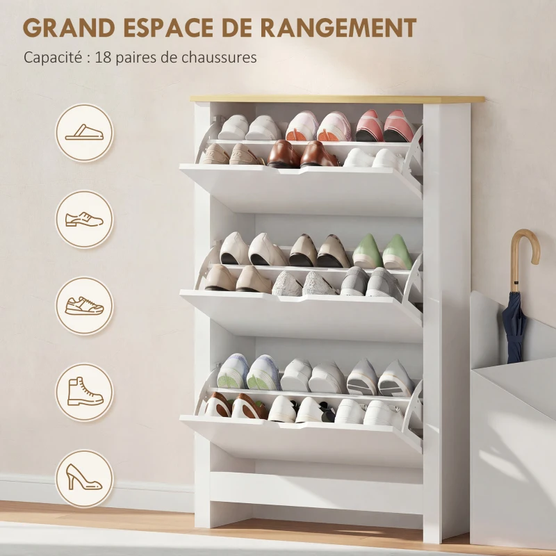HOMCOM Armoire à Chaussures 3 Portes abattantes 2 Compartiments Panneaux Particules Blanc chêne