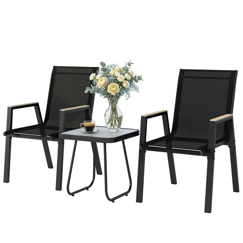 Outsunny Balkonmöbel Set 3 teilig Gartenmöbel Set mit Tisch 2 Stühle Atmungsaktiv Sitz Holzmaserung Schwarz