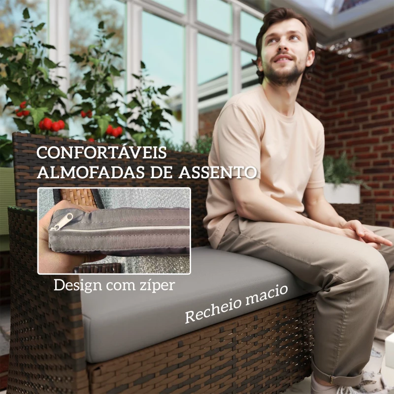 Outsunny Conjunto de Móveis de Jardim em Vime Sintético com Sofá Cadeirões e Mesa com Vidro Temperado e Almofadas Castanho e Cinzento