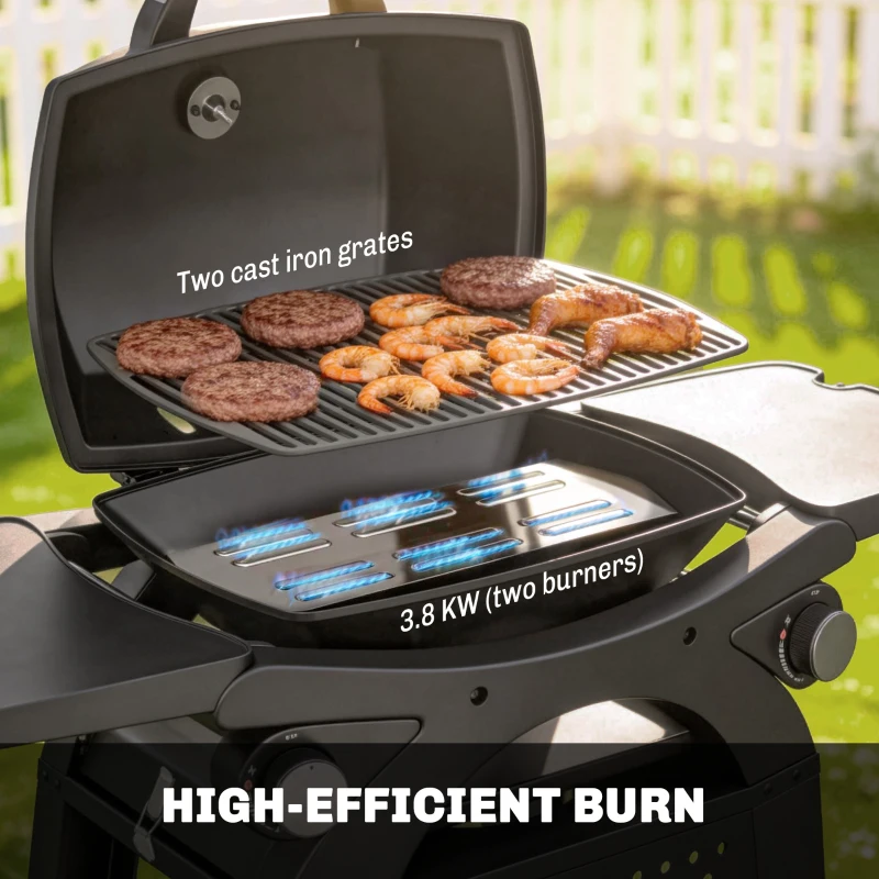 Outsunny 2 Burner Gas Grill with 2 Side Tables, 3.8 KW Barbecue Grill with Cast Iron Grates, 2-in-1 Tabletop BBQ with Wheels