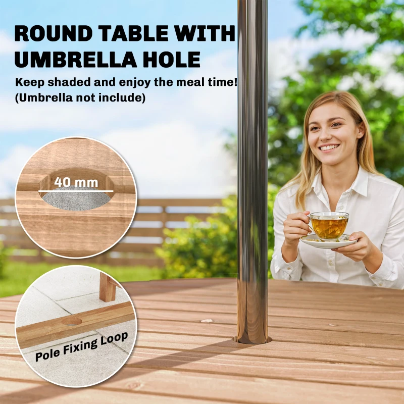 Outsunny 5 Pieces Garden Dining Set with Parasol Hole, Round Outdoor Table and Chairs, 4 Seater Wooden Garden Furniture, Natural