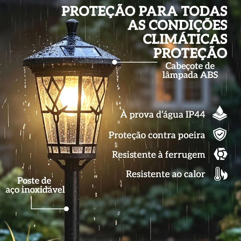 Outsunny Conjunto de 2 Candeeiros Solares de Jardim com Altura Ajustável, 2 Modos de Brilho e IP44 Impermeável para Terraço e Pátio, Preto