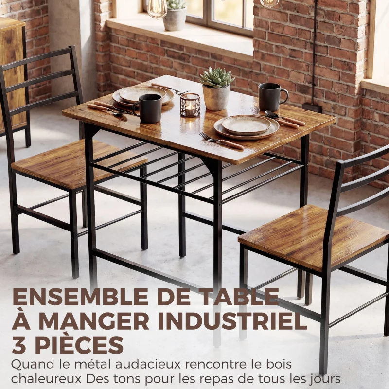 HOMCOM Ensemble table salle à manger avec 2 chaises, table de cuisine avec chaises pour 2 personnes, cadre en métal, marron